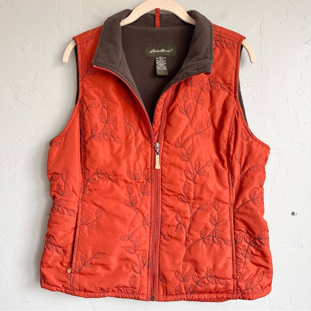Eddie Bauer Women's Orange Floral Embroidered Fleece Lined Puffy Vest Large EUC‎